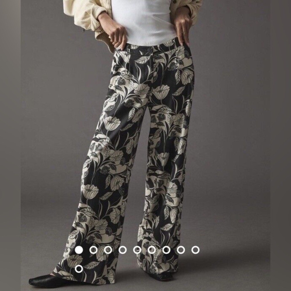 Anthropologie Maeve Soft Wide Leg Linen Pants Trousers Floral Grey Beige 12